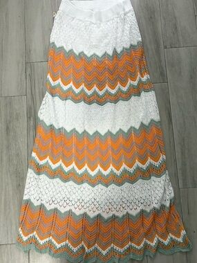 Crocheted Zigzag full length skirt with Orange, White, light purple & Sage